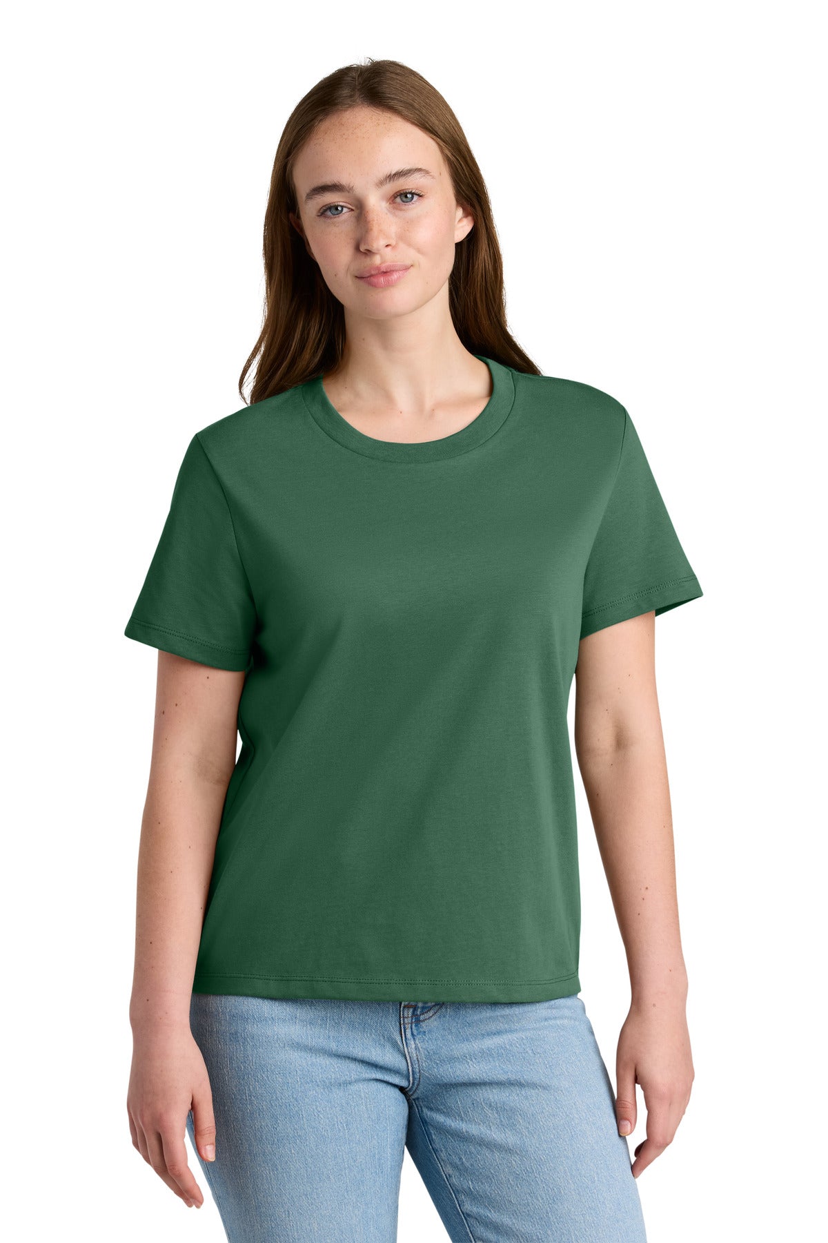 Woman wearing a green t-shirt and blue jeans on a white background