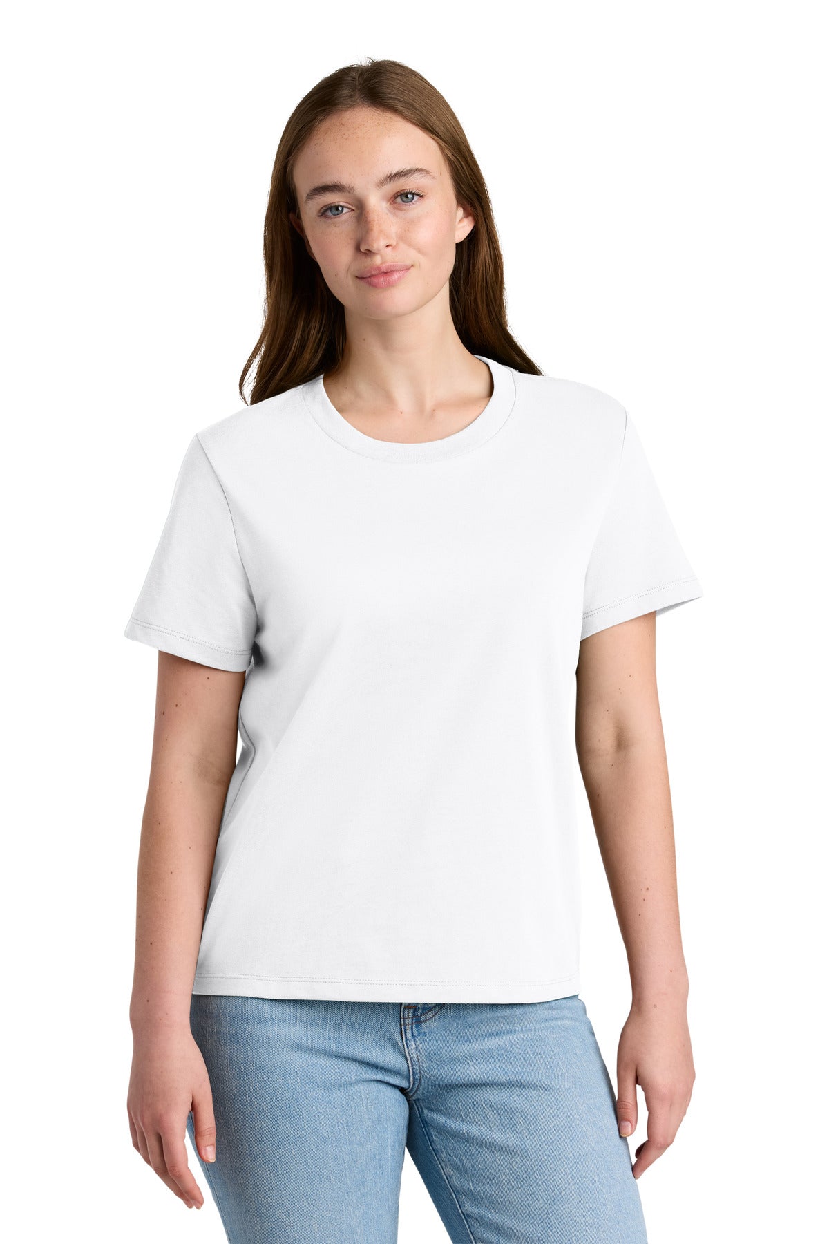 Person wearing a plain white t-shirt and light blue jeans on a white background