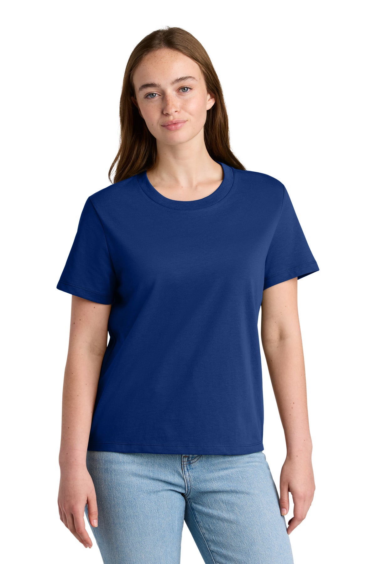 Woman wearing a blue t-shirt on a white background