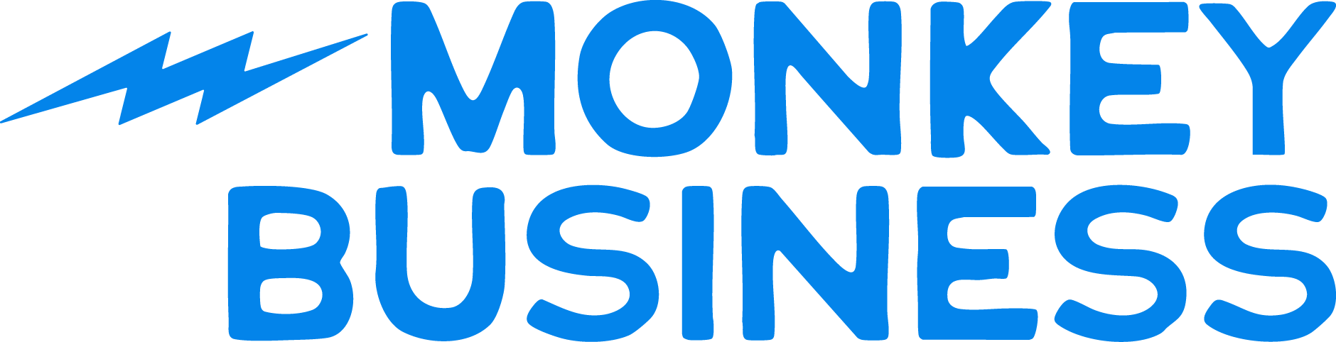 Blue 'Monkey Business' logo with a lightning bolt on a white background
