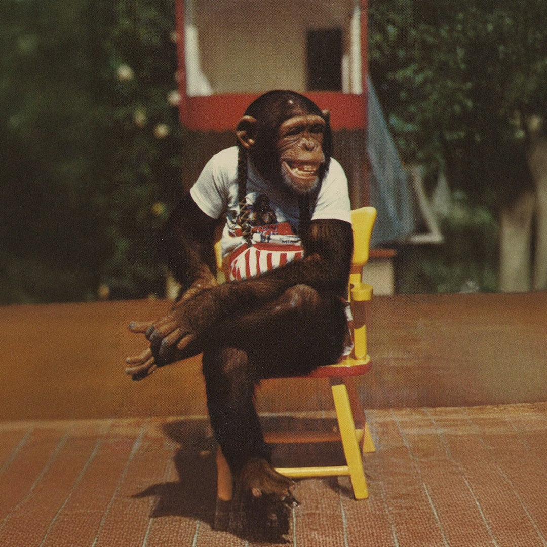 Chimpanzee statue wearing a t-shirt sitting on a yellow chair outdoors.